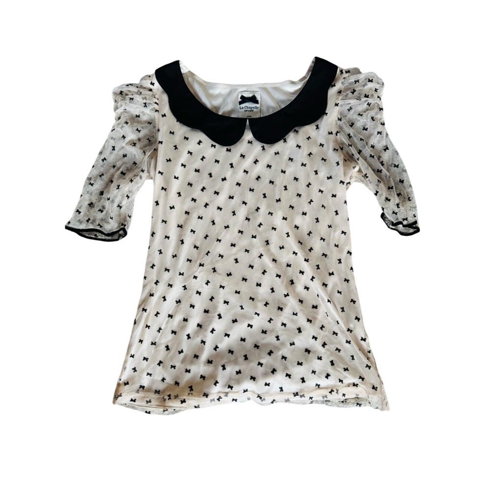 La Chapelle Womens Sheer Sleeve Peter Pan Collar Top Sz 8 Bow Academia Coquette